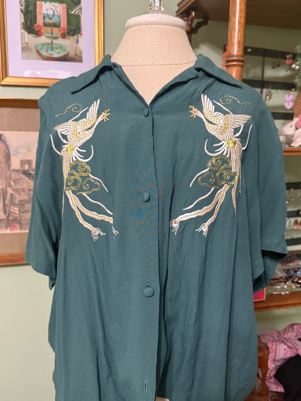 Trashy Diva Teal Button-Front Top with Embroidered Birds